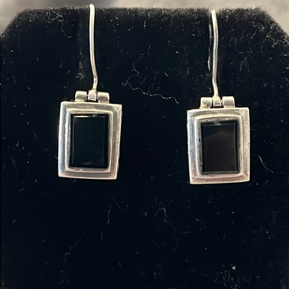 Sterling Black Onyx Rectangular Floral Scroll Ear… - image 1
